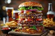 Gourmet burger tower with a selection of beers, surrounded by fries and dipping sauces