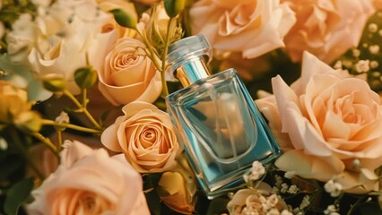 Wall Mural - Perfume bottle in flowers, fragrance on blooming background, floral scent and cosmetic product idea