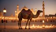 Eid ul adha mubarak theme a rajastani camel in a desert with a lot of islamic lantern lights in different colours around it behind beautiful view of mosque with mountains along eid celebrations