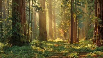 Wall Mural - A majestic redwood forest bathed in morning light, panoramic vista emphasizing the towering trees