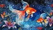 綺麗な金魚と花火、百合と共に夏の香りを届ける透き通るような水墨画風のイラスト、夜空の壁紙とグラデーション  generated by AI