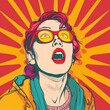 Surprised Redhead Woman with Glasses on Retro Pop Art Background