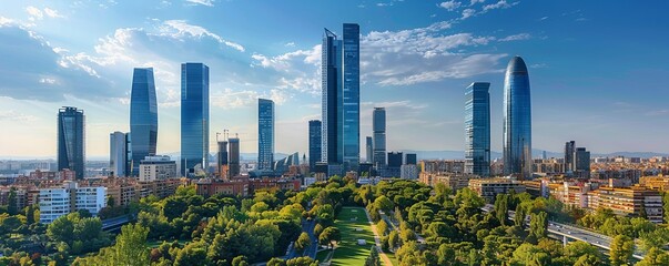 Wall Mural - Cityscape with four modern office towers in Madrid