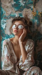 Wall Mural - Thoughtful woman wearing eye mask and pajamas in front of wall