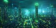Futuristic Cityscape with Green and Blue Neon lights. Night scene with Advanced Superstructures.