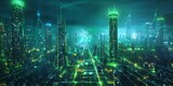 Fototapeta Kuchnia - Futuristic Cityscape with Green and Blue Neon lights. Night scene with Advanced Superstructures.