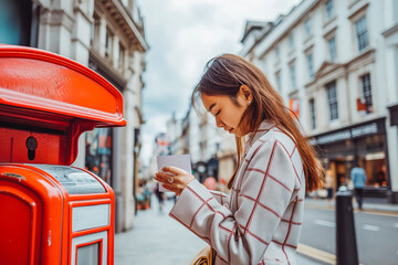 woman putting a card to red postbox and walking around English city