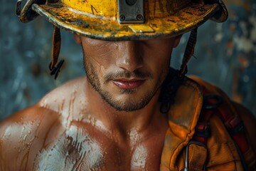 Muscular male firefighter with bare torso