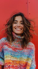 Canvas Print - Smiling woman wearing multi colored sweater against red background