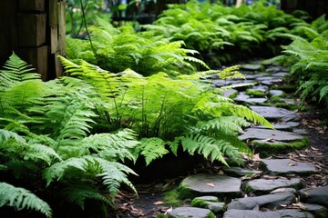 Wall Mural - Ferns in a Japanese garden with a stone pathway.