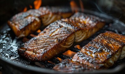 Wall Mural - Blackened catfish fillets crackle in bacon fat over an open fire on the banks