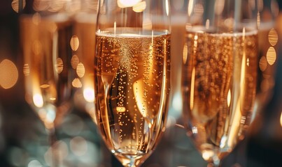 Champagne glasses arranged on a table at a party, closeup