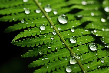 Wall Mural - Macro shot of water droplets on fern leaves.