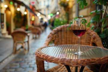 Red wine in glasses on the table, outdoor cafe terrace with wicker furniture in sunny summer day