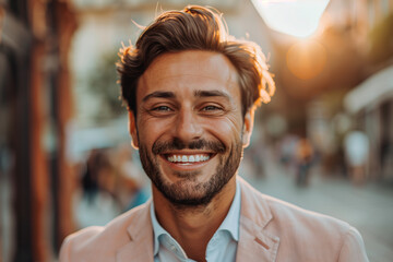 Wall Mural - A cheerful man in a pink shirt beams with joy in a bustling city street at sunset.