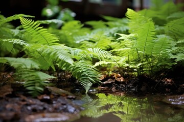 Wall Mural - Ferns in a rain garden with reflections in water.