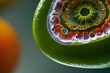 Close-up of a kiwi with drops of dew adorning its fuzzy skin. A macro shot of a crisp green kiwi slice, stunning artwork

