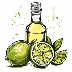 Wall Mural - Artistic illustration of a bottle of oil and cut limes surrounded by green paint splashes.
