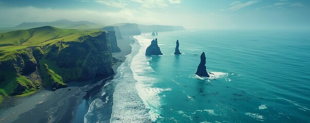 Wall Mural - Aerial view of Reynisdrangar sea stacks near Vik, Iceland.