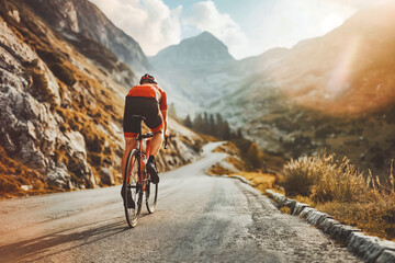 A cyclist pedals up a steep mountain road, muscles straining with effort.