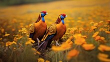  Two Golden Pheasants Strutting Proudly Side By Side Through A Field Of Wildflowers 
