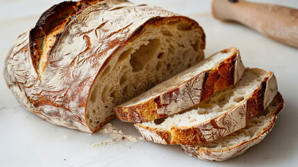 Wall Mural - a perfectly baked sourdough loaf, sliced open