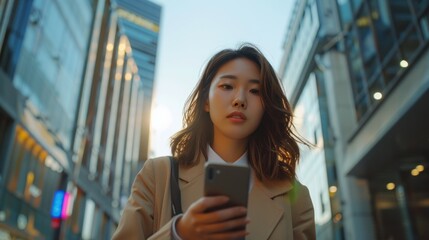 Wall Mural - A low angle perspective highlights the determination of a young Asian businesswoman as she manages online banking on her smartphone while on the move.