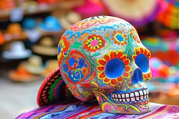 A hand-painted skull symbolizing D?a de Muertos festivity, adorned with vivid colors and floral motifs.