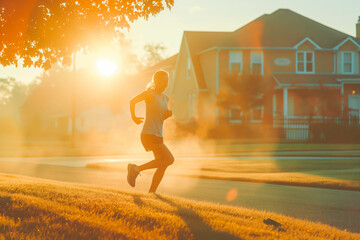 Wall Mural - A Caucasian woman enjoying a morning jog through a suburban park, invigorated by the fresh air and the beauty of the sunrise.