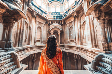 a young indian woman exploring the architecture of a historic cathedral, captivated by the spiritual