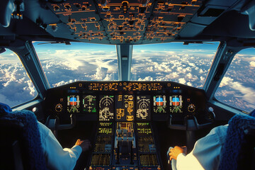 Two pilots seats in cocpit during the flight in the sky above the clouds