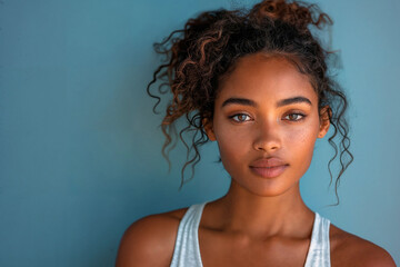 Sticker - Close-up shot of a black female model wearing a white tank top against a simple blue background