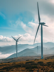 Wind farm on a hill with modern wind turbines generating eco energy against a cloudy sky