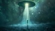 © Mohsin - Alien. A figure of an alien is standing in front of a flying saucer that is beaming down light