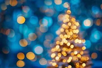 Wall Mural - Christmas holiday background with defocused silhouette of Christmas tree glowing light bokeh lights