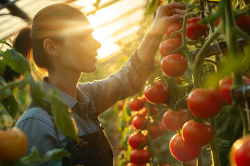 Wall Mural - Woman farmer harvesting tomatoes in the greenhouse