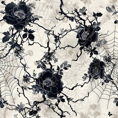 A black and white floral pattern with spider web background