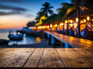 Wall Mural - Shoreline Ambiance, Wooden Table with Blurred Beach Cafe Backdrop, Illuminated by Soft Bokeh Lights