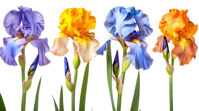 Set of blossoming iris flowers close-up, isolated on a white background. 
