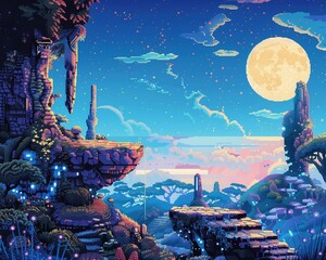 An ethereal moonlit night reveals like seem mid-air floating islands adorned with ancient ruins, lush vegetation, and glowing lights, in 8bit pixelated game style.