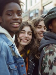 a group of young people smiling, outdoor setting, happy teenage friends. generative AI