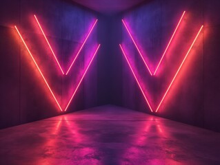 Wall Mural - A symmetrical view of a modern hallway illuminated by vibrant pink neon lights in a V-shaped pattern.