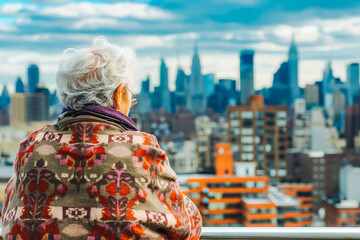 Wall Mural - An elderly Hispanic woman admiring the skyline of a bustling city, reflecting on the opportunities and challenges of urban life.