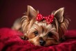 Pampered Yorkshire Terrier Dog. Beautiful Tiny Animal Breed on Dark Red Studio Background