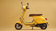 A yellow scooter is sitting against a beige background.