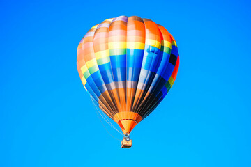 Wall Mural - A classic hot air balloon with a colorful striped pattern, inflated and ready for takeoff, against a clear blue sky (achieve with background option).