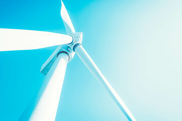 A close-up of a wind turbine with giant white blades spinning against a clear blue sky, generating clean energy for a sustainable future.