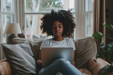 Person Sitting With Laptop. Beautiful young woman working happily on sofa at home