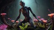 Alien flora blooms on a tormented figure. Twisted limbs and a contorted torso scream agony in a 3D render. Bioluminescent flowers, vibrant and eerie, cast an otherworldly glow. Dark fantasy horror wit