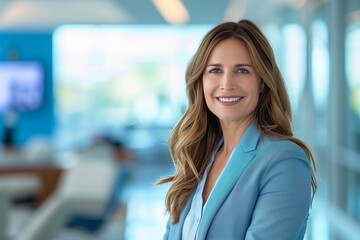 Wall Mural - Mature businesswoman smiling, portrait of success and happiness. Confident female professional with enduring beauty.